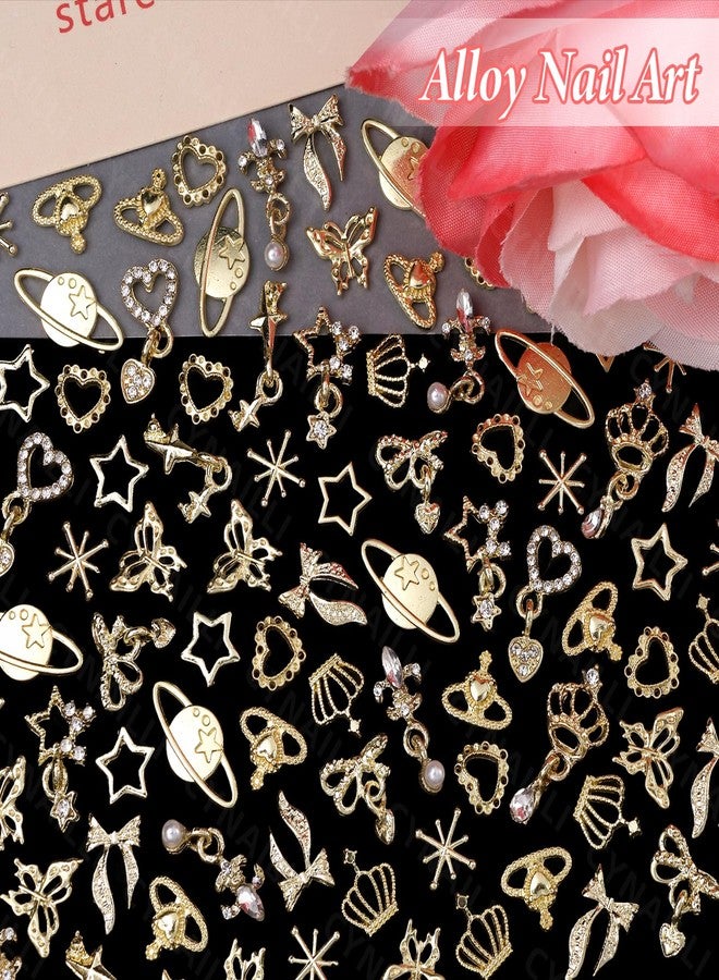 Cynailli 110 Pcs Dangle Star Gold Nail Charms and Gems, 3D Star Heart Bows Dangle Nail Rhinestones Charms, Butterfly Crown Planet Charms for Alloy Nails Art Jewels DIY Design Accessories - Image 3
